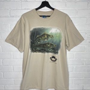 Vintage 90s Fishing Shirt Rivers Edge Large Tan Nature Fish Outdoors